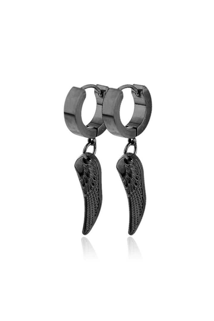 PAIR OF STAINLESS STEEL HUGGIE/HOOP EARRINGS W/ ANGEL WING DANGLE